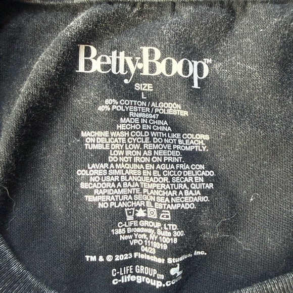 Betty Boop Graphic Tee Acid Wash Black Size L Roses Swallow Birds - Picture 4 of 6